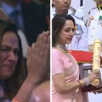 Hema Malini accepts Dharmendra Padma Vibhushan 2026 at Rashtrapati Bhavan while Ahana Deol breaks down in tears