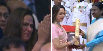 Hema Malini accepts Dharmendra Padma Vibhushan 2026 at Rashtrapati Bhavan while Ahana Deol breaks down in tears
