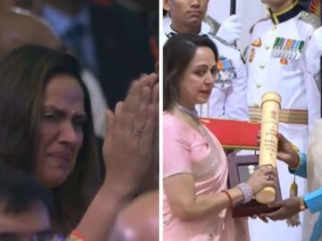 Hema Malini accepts Dharmendra Padma Vibhushan 2026 at Rashtrapati Bhavan while Ahana Deol breaks down in tears