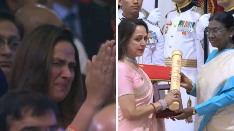 Hema Malini accepts Dharmendra Padma Vibhushan 2026 at Rashtrapati Bhavan while Ahana Deol breaks down in tears