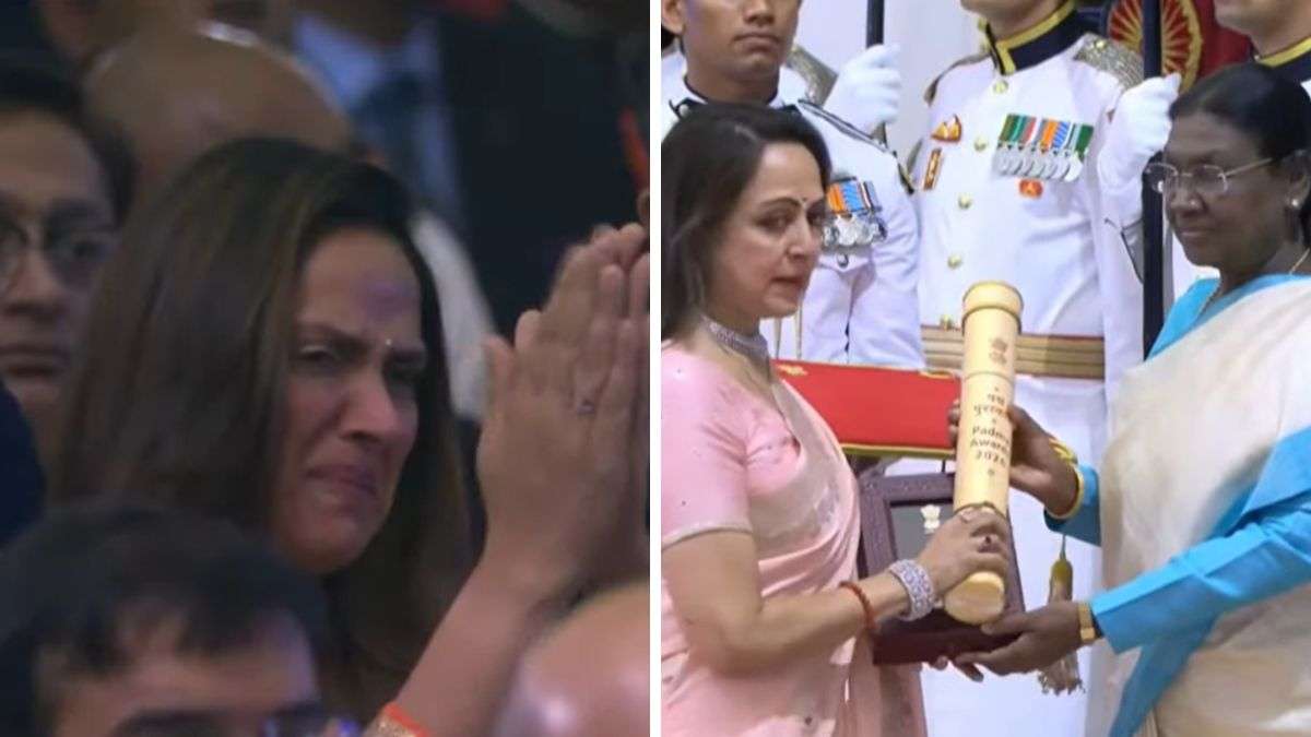 Hema Malini accepts Dharmendra Padma Vibhushan 2026 at Rashtrapati Bhavan while Ahana Deol breaks down in tears